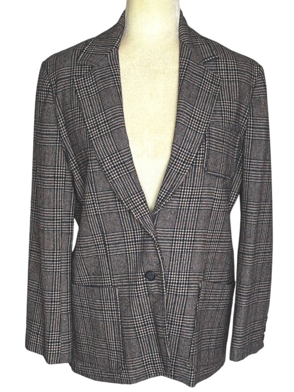 Vintage 70s Glen Plaid Wool Blazer Womens Medium Navy Burgundy Tailored Jacket